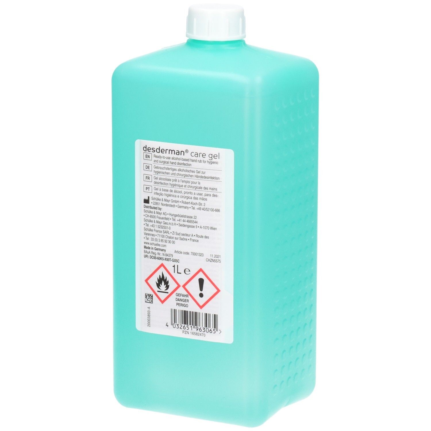 Rückseite einer türkisblauen Flasche mit Desinfektionsgel. Etikett mit Warnsymbolen und Produktinformationen.