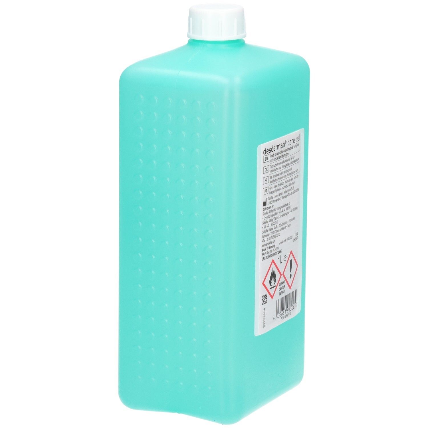 Rückseite einer türkisblauen Flasche mit Desinfektionsgel. Etikett mit Warnsymbolen und Produktinformationen.