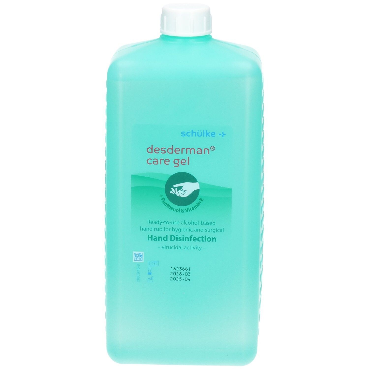 Türkisblaue Flasche mit Desinfektionsgel, weißer Verschluss, Etikett mit grünen Wellen und Hand-Symbol.