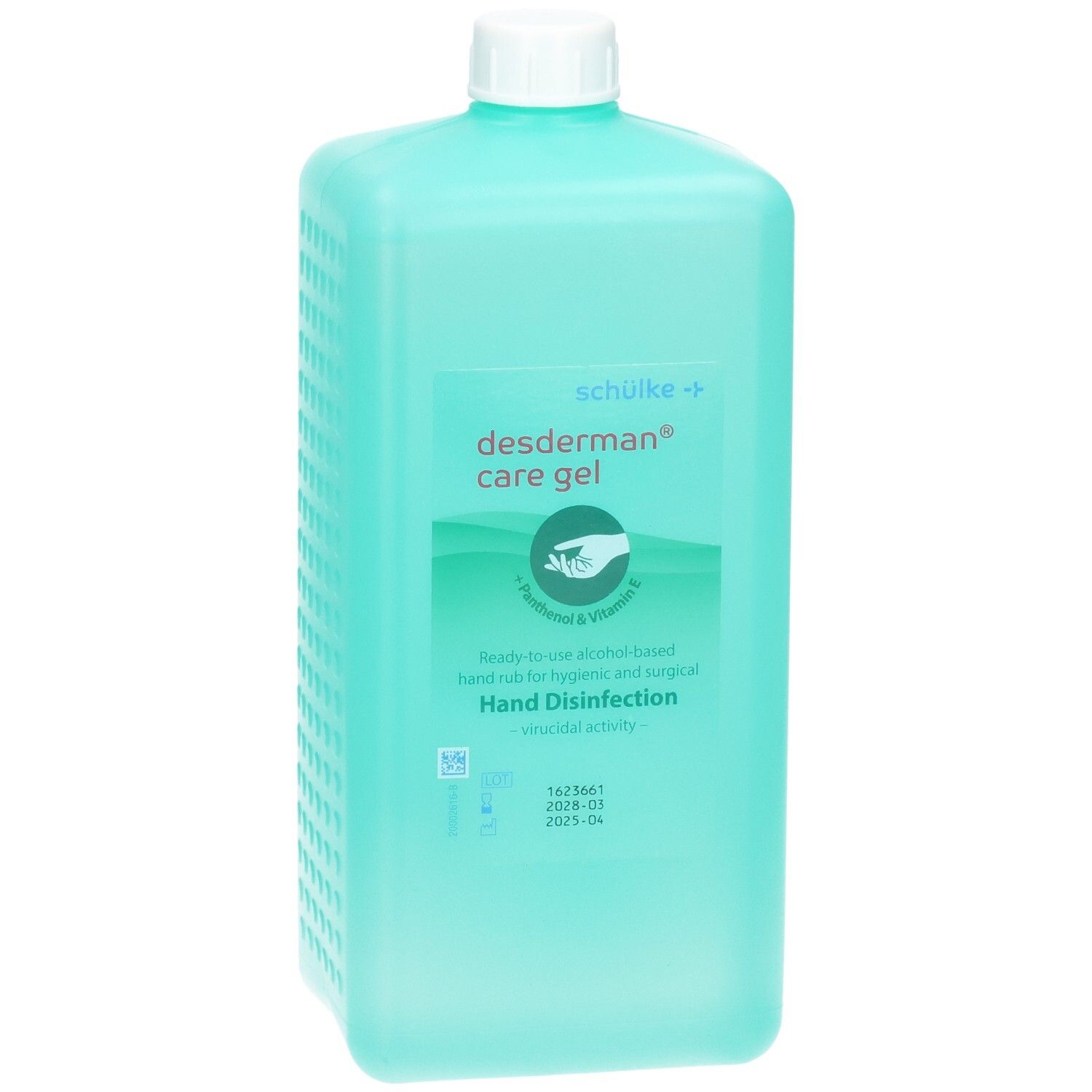 Türkisblaue Flasche mit Desinfektionsgel, weißer Verschluss, Etikett mit grünen Wellen und Hand-Symbol.