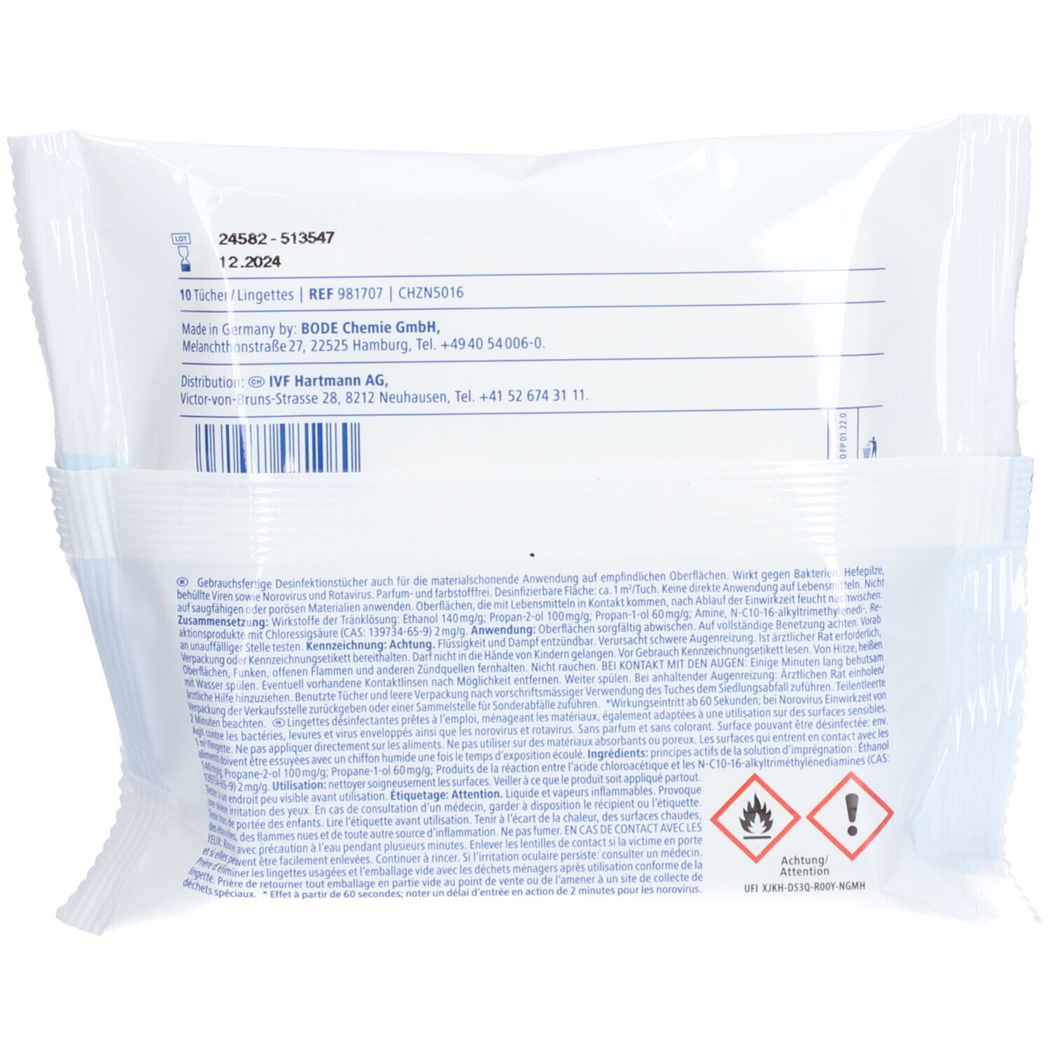 Emballage de lingettes nettoyantes. Sachet blanc avec informations produit et avertissements. Texte en allemand.