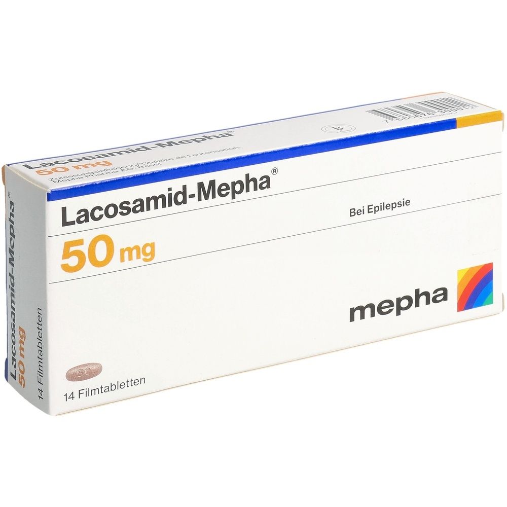 Boîte de médicaments. Inscription: Lacosamid Mepha 50 mg. Logo du fabricant.