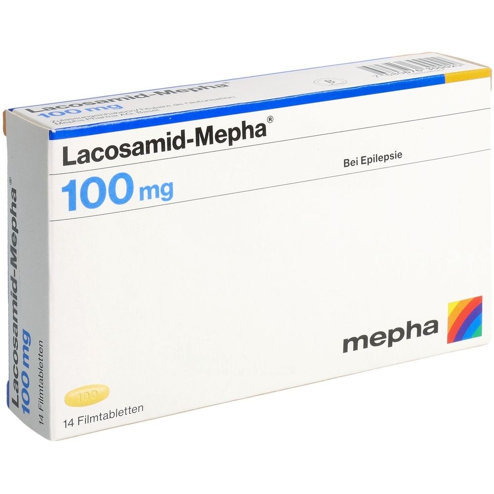 Boîte de médicaments. Inscription: Lacosamid Mepha Lactab 100 mg. Logo du fabricant.