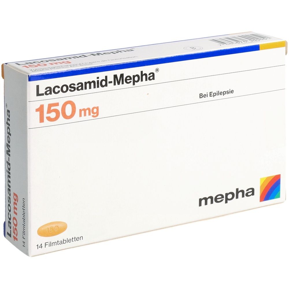 Boîte de médicaments. Inscription: Lacosamid Mepha 150 mg. Logo du fabricant.
