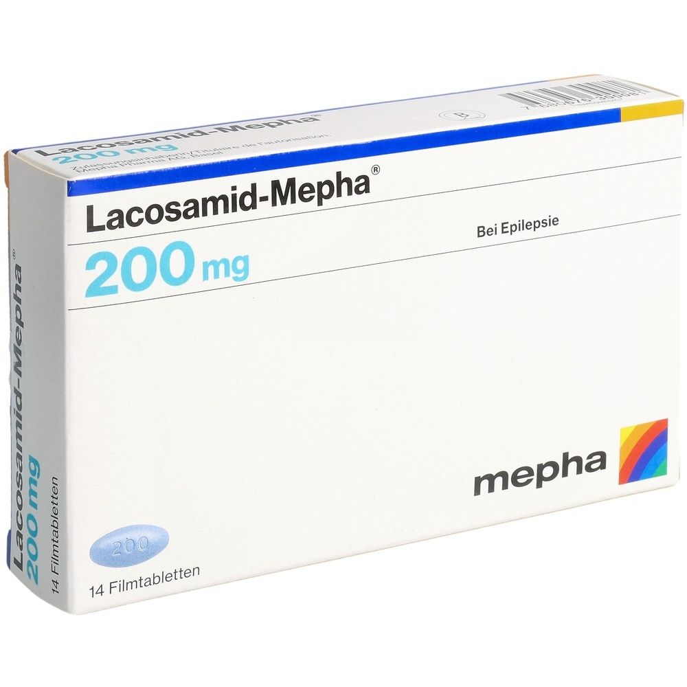 Boîte de médicaments avec l'inscription "Lacosamid Mepha Lactab 200 mg". Le logo "mepha" est également visible.