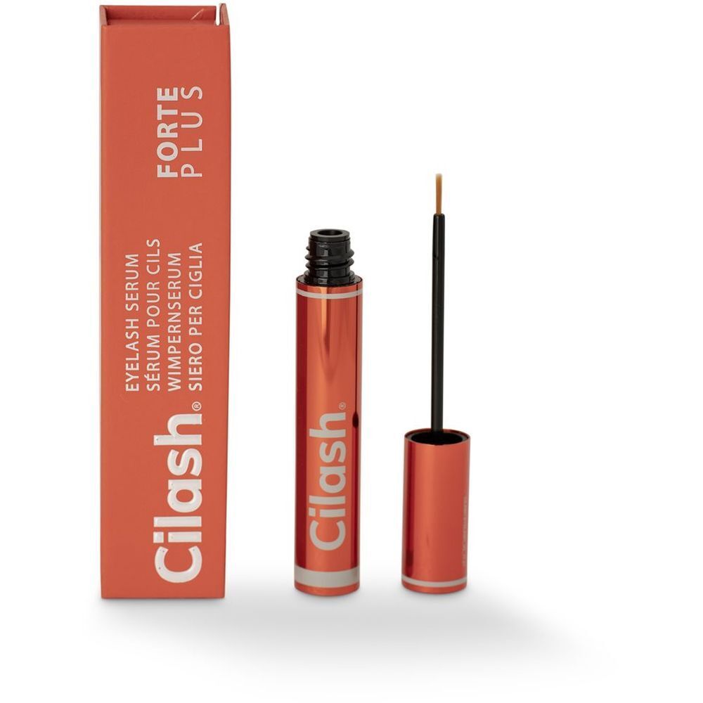 Rote Schachtel und Flasche mit Cilash®. Enthält Wimpernserum. Applikator sichtbar.