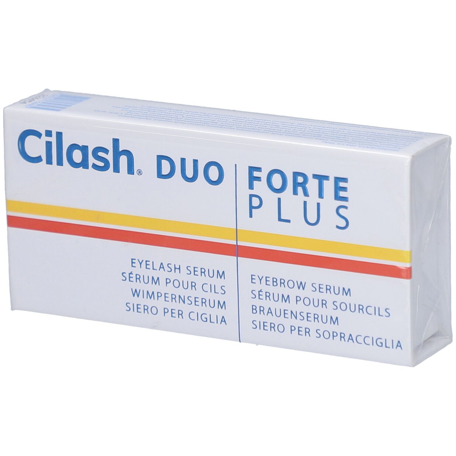Emballage CILASH FORTE PLUS DUO. Boîte blanche avec nom du produit et désignations de sérum en plusieurs langues.