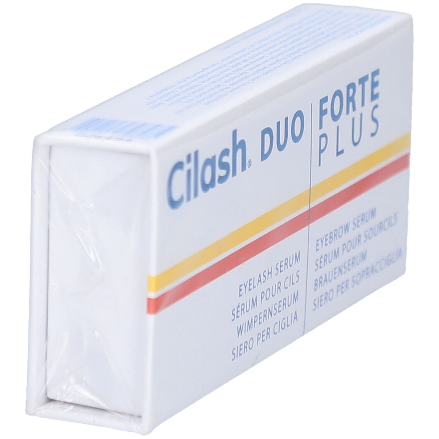 Emballage CILASH FORTE PLUS DUO, vue oblique. Boîte blanche emballée dans du film, avec nom du produit et désignations de sérum.