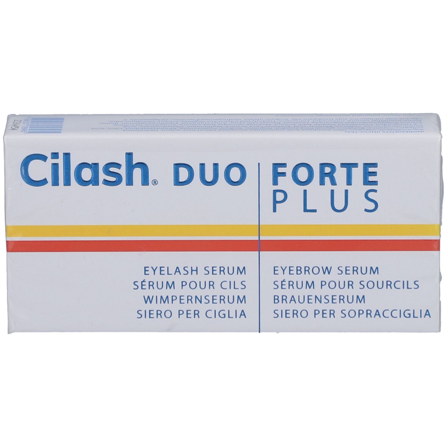 Emballage CILASH FORTE PLUS DUO. Boîte blanche avec nom du produit et désignations de sérum en plusieurs langues.