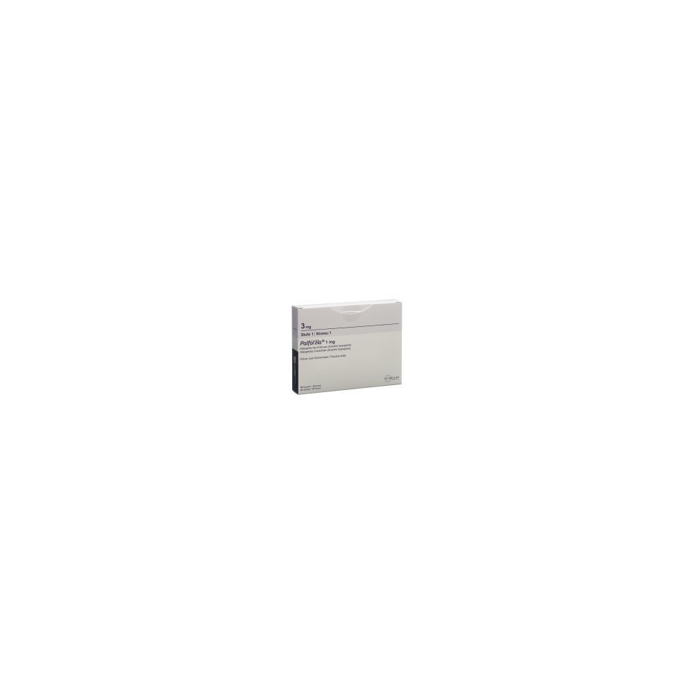 Kartonverpackung. Aufschrift: 1 mg, PALFORZIA Stufe 1. Weißer Karton mit grauer Schrift. Schwarze Kante.