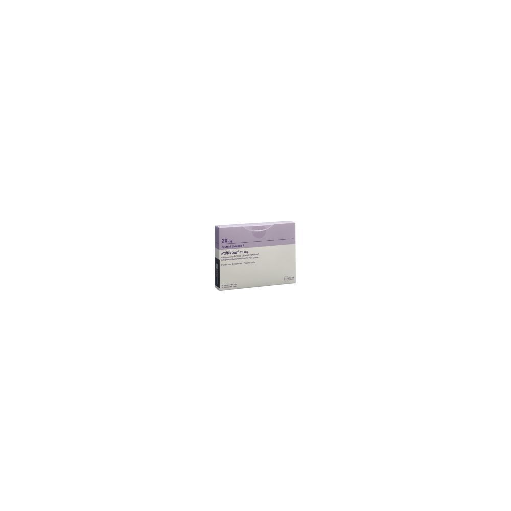 Karton mit Produktinformationen. Aufschrift: PALFORZIA Stufe 4 Plv 20 mg 16 Stk. Weiß, lila und schwarze Elemente.