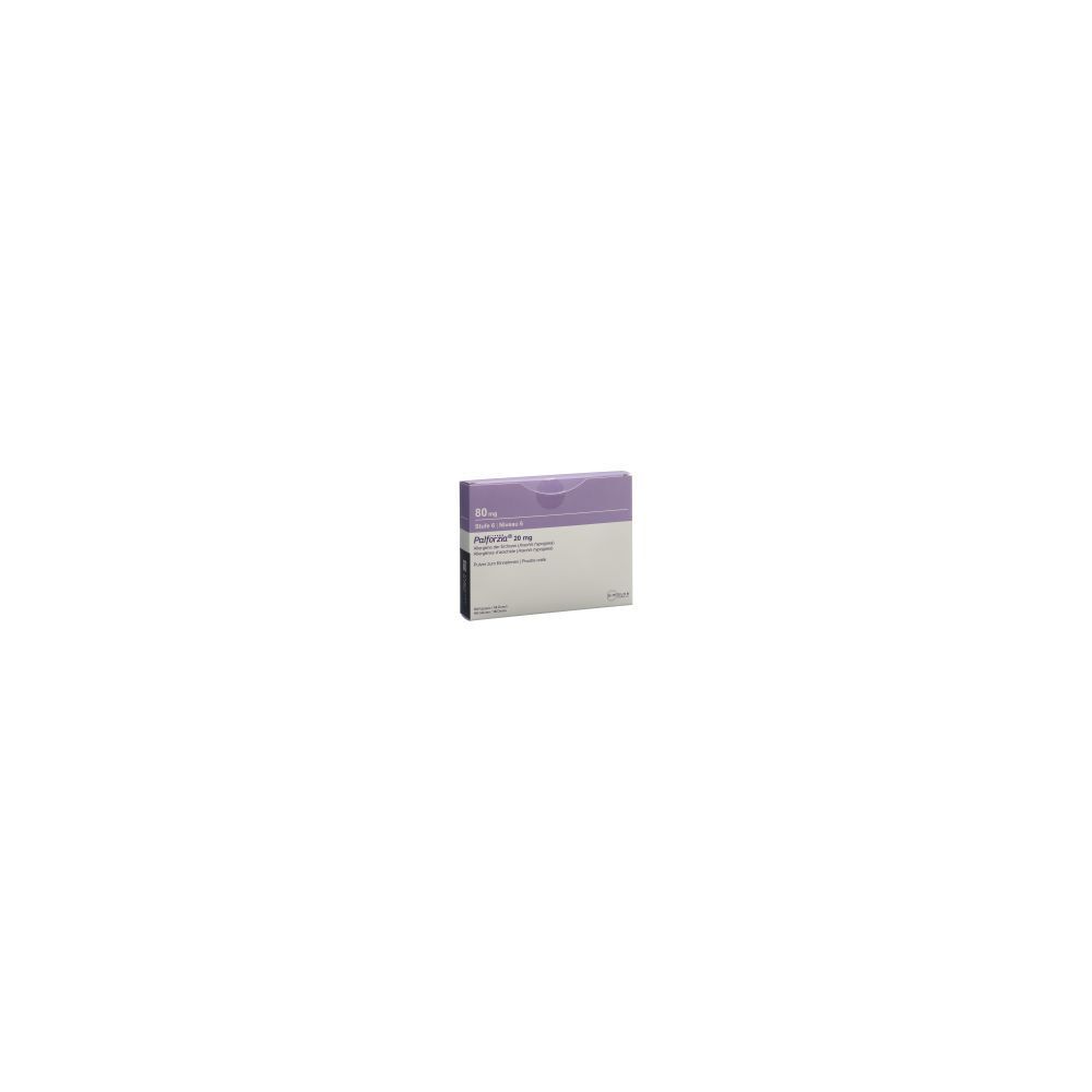 Kartonverpackung mit Produktinformationen. Oben lila, unten weiß. Text: PALFORZIA Stufe 6 Plv 20 mg 64 Stk.