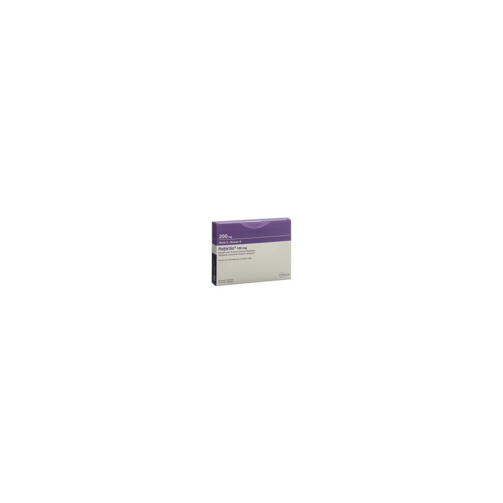 Karton mit Produktinformationen. Oberseite lila, Schriftzug PALFORZIA Stufe 9 Plv 100 mg. Unterseite weiß mit Text.