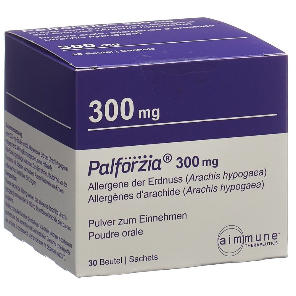 Schachtel mit Palforzia 300 mg. Aufschrift: Allergene der Erdnuss. 30 Beutel. Logo von aimmune therapeutics.