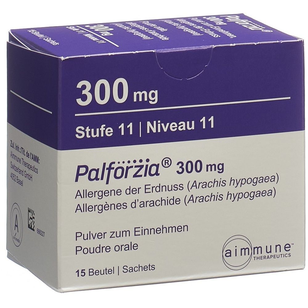 Karton mit "Palförzia 300 mg". Enthält 15 Beutel Pulver zum Einnehmen. Aufschrift: "Allergene der Erdnuss".