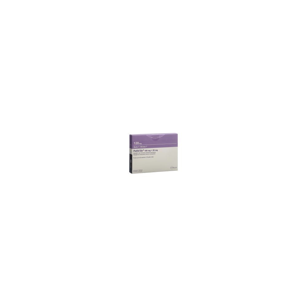 Karton mit Produktinformationen. Lila Deckel, weißer Karton. Text: PALFORZIA, Stufe 7, Plv 16x20mg/16x100mg.