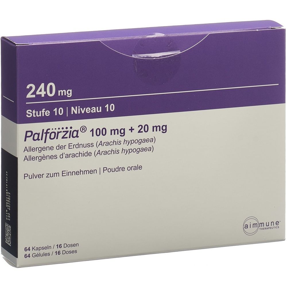 Karton mit Aufschrift 240 mg, Stufe 10, Palförzia 100 mg + 20 mg. Enthält 64 Kapseln/16 Dosen. Pulver zum Einnehmen.
