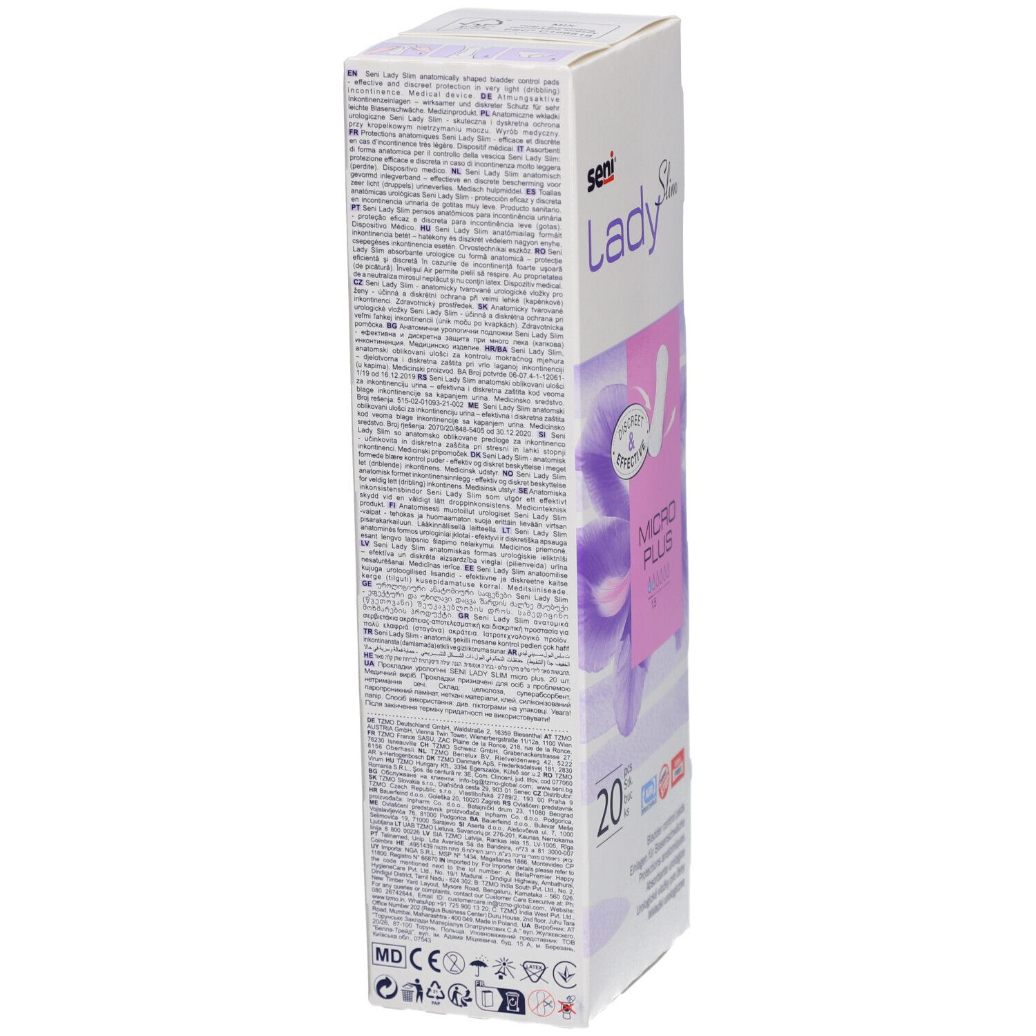 Schmale Verpackung Seni Lady Slim Micro Plus. Text in mehreren Sprachen. 20 Stück. Aufdruck: Discreet & Effective.
