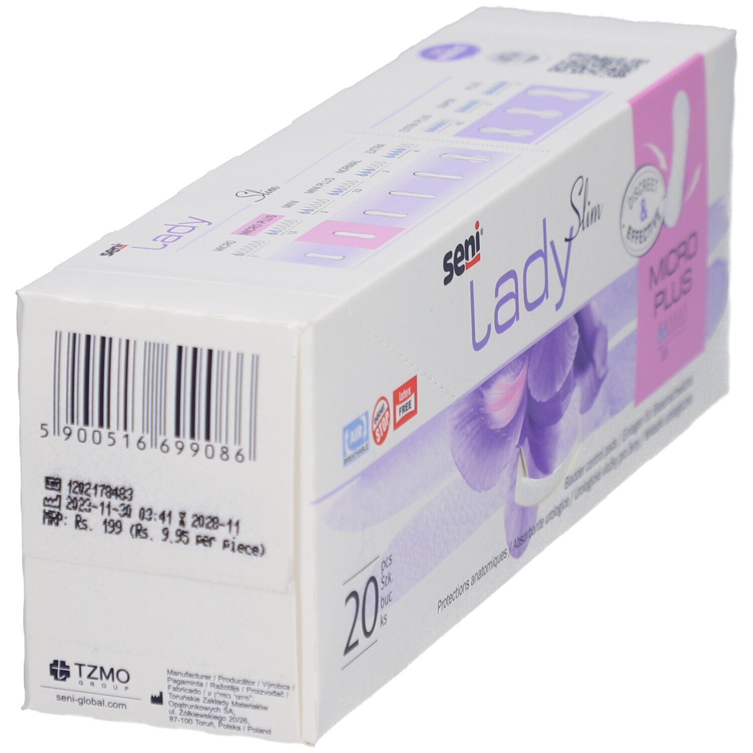 Verpackung Seni Lady Slim Micro Plus. Barcode und Preisinformationen. 20 Stück. Aufdruck: Discreet & Effective.