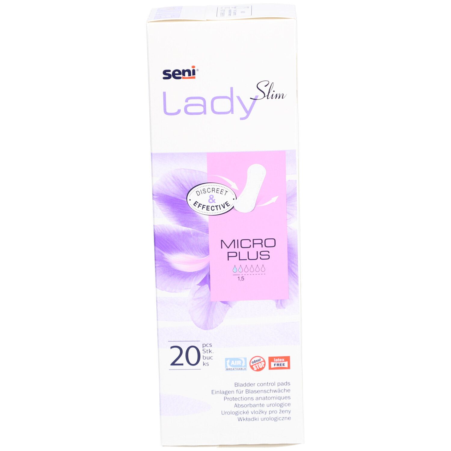 Verpackung Seni Lady Slim Micro Plus. 20 Stück. Aufdruck: Discreet & Effective. Blasen-Kontroll-Pads. Weiß-lila Design.