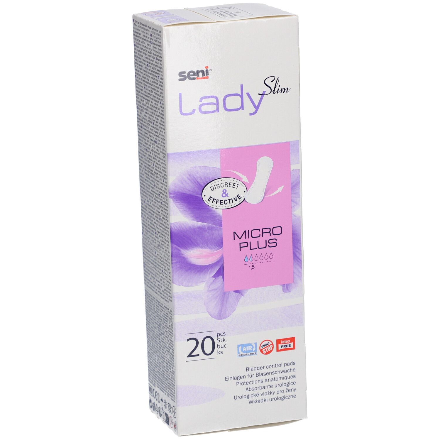 Verpackung Seni Lady Slim Micro Plus. 20 Stück. Aufdruck: Discreet & Effective. Blasen-Kontroll-Pads. Weiß-lila Design.