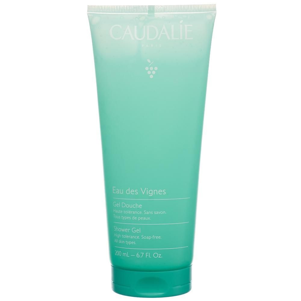Tube turquoise. Caudalie Eau des Vignes Gel Douche. Inscription et logo. Texte jaune sur fond turquoise. 200 ml.