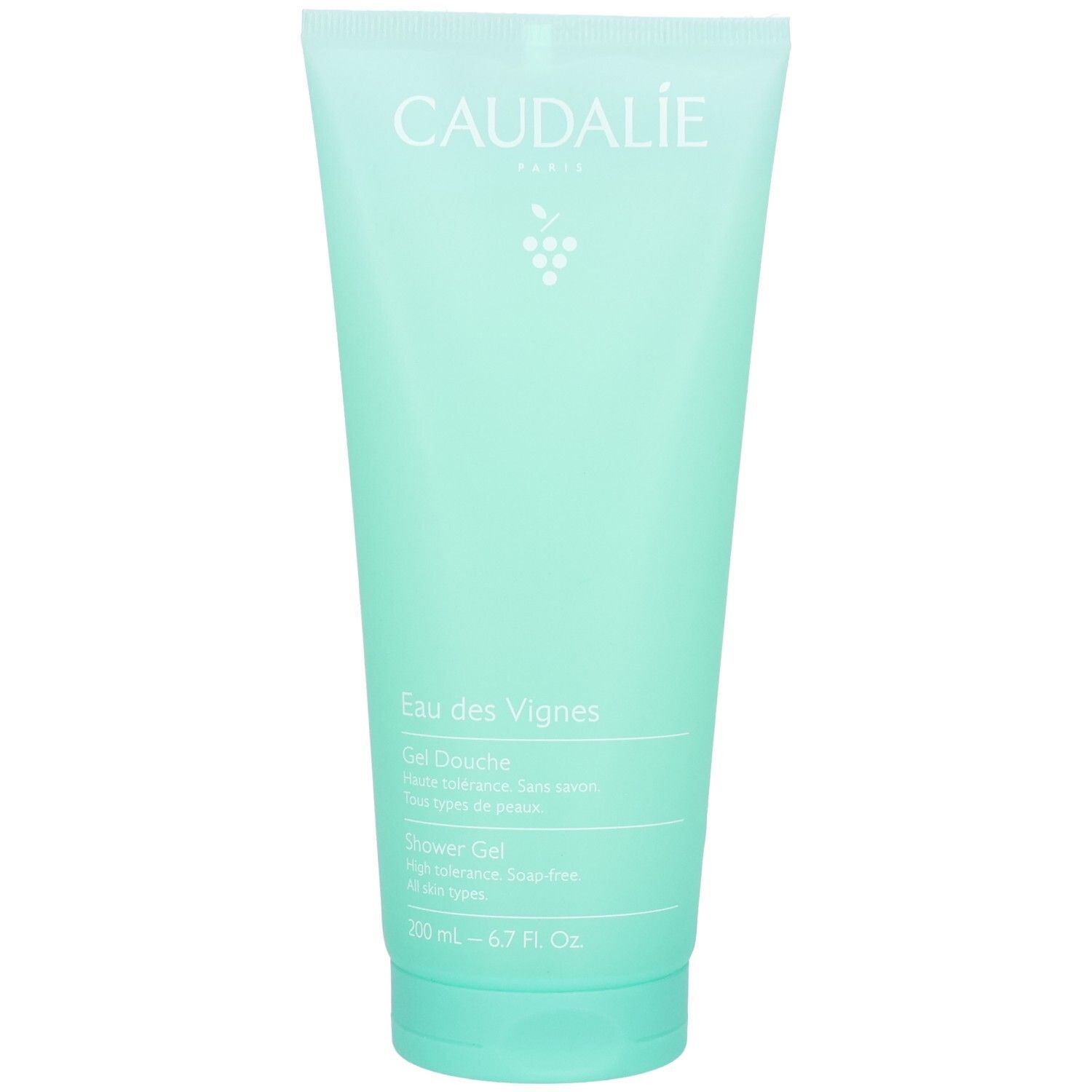 Tube turquoise. Caudalie Eau des Vignes Gel Douche. Inscription et logo. Texte jaune sur fond turquoise. 200 ml.