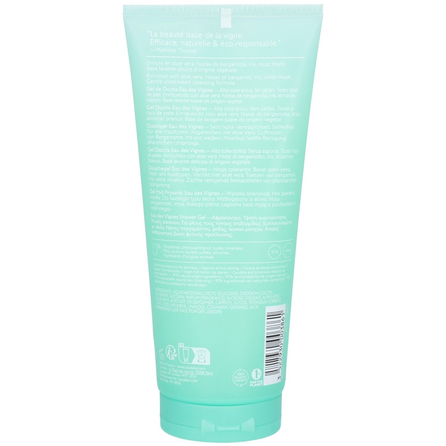 Dos du tube turquoise. Texte en écriture blanche. Code-barres et logo. Bouchon vert.