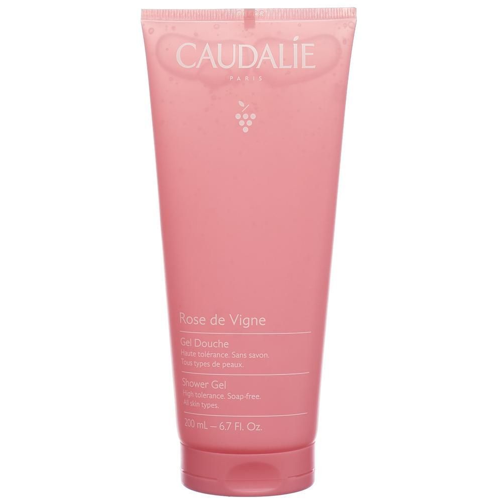 Rosa Duschgel-Tube. Marke CAUDALIE. Text: Rose de Vigne, Gel Douche, Shower Gel. Rosa Verschluss.