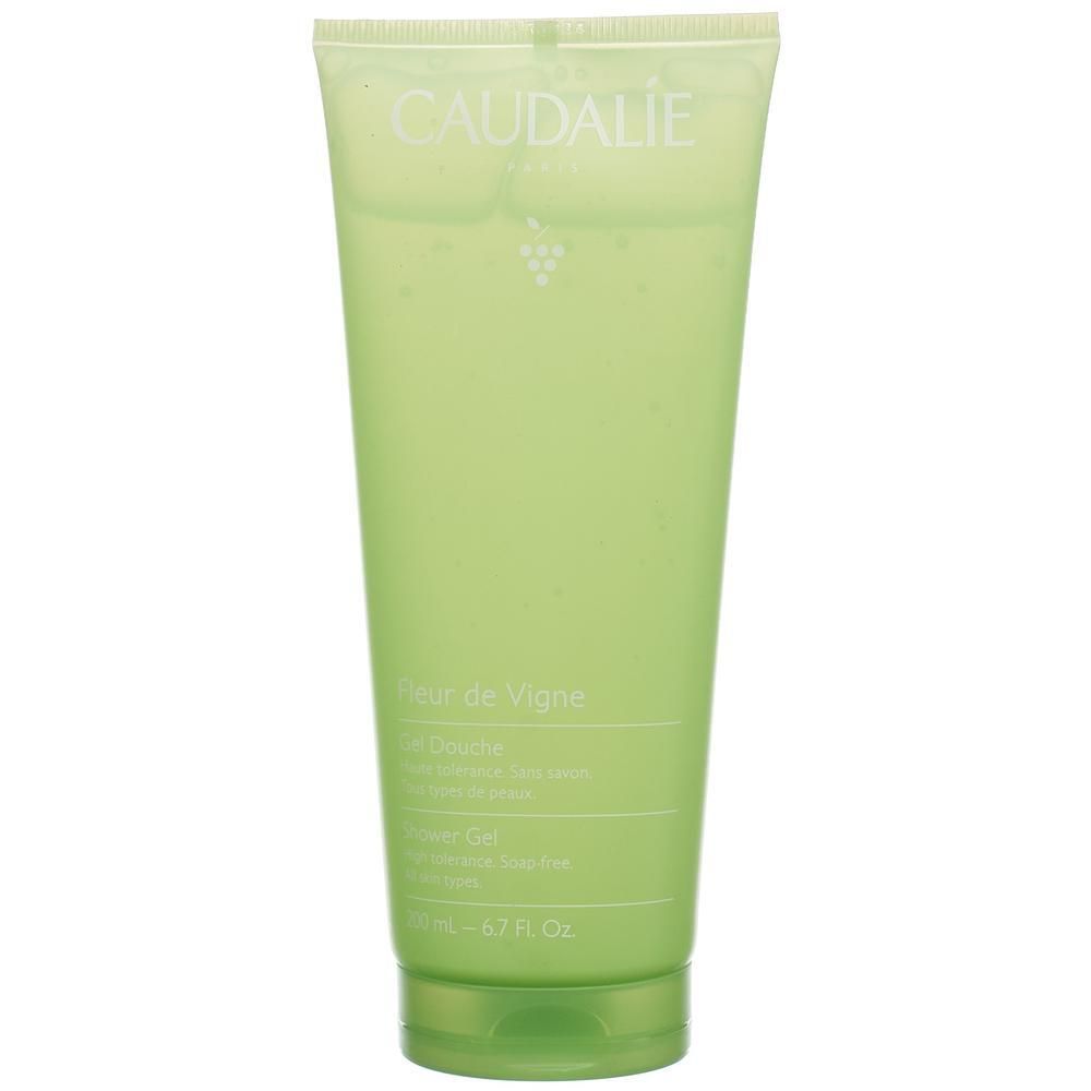 Gel douche vert en tube. Inscription Caudalie et Fleur de Vigne. 200 ml.