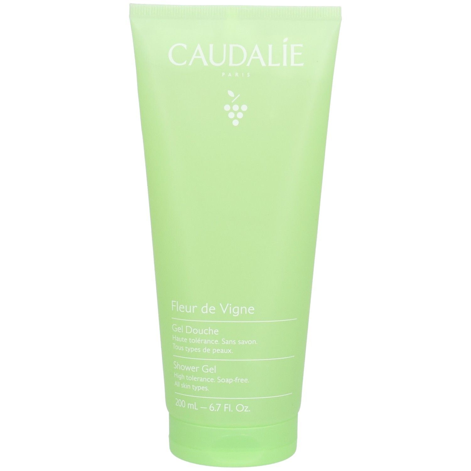 Gel douche vert en tube. Logo Caudalie et Fleur de Vigne. Pour peaux sensibles.