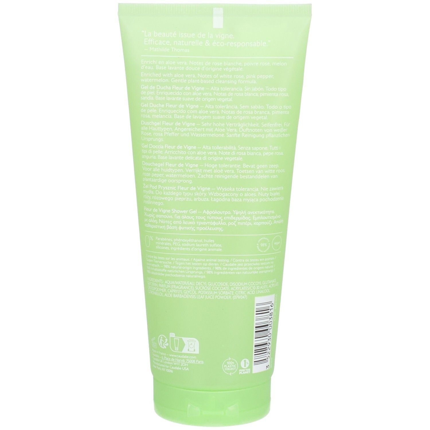 Dos du tube de gel douche vert. Texte multilingue. Code-barres et logos.