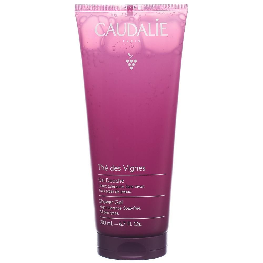 Caudalíe Duschgel Thé des Vignes. Rosa Tube mit weißem Deckel. Produktname und Logo sichtbar.