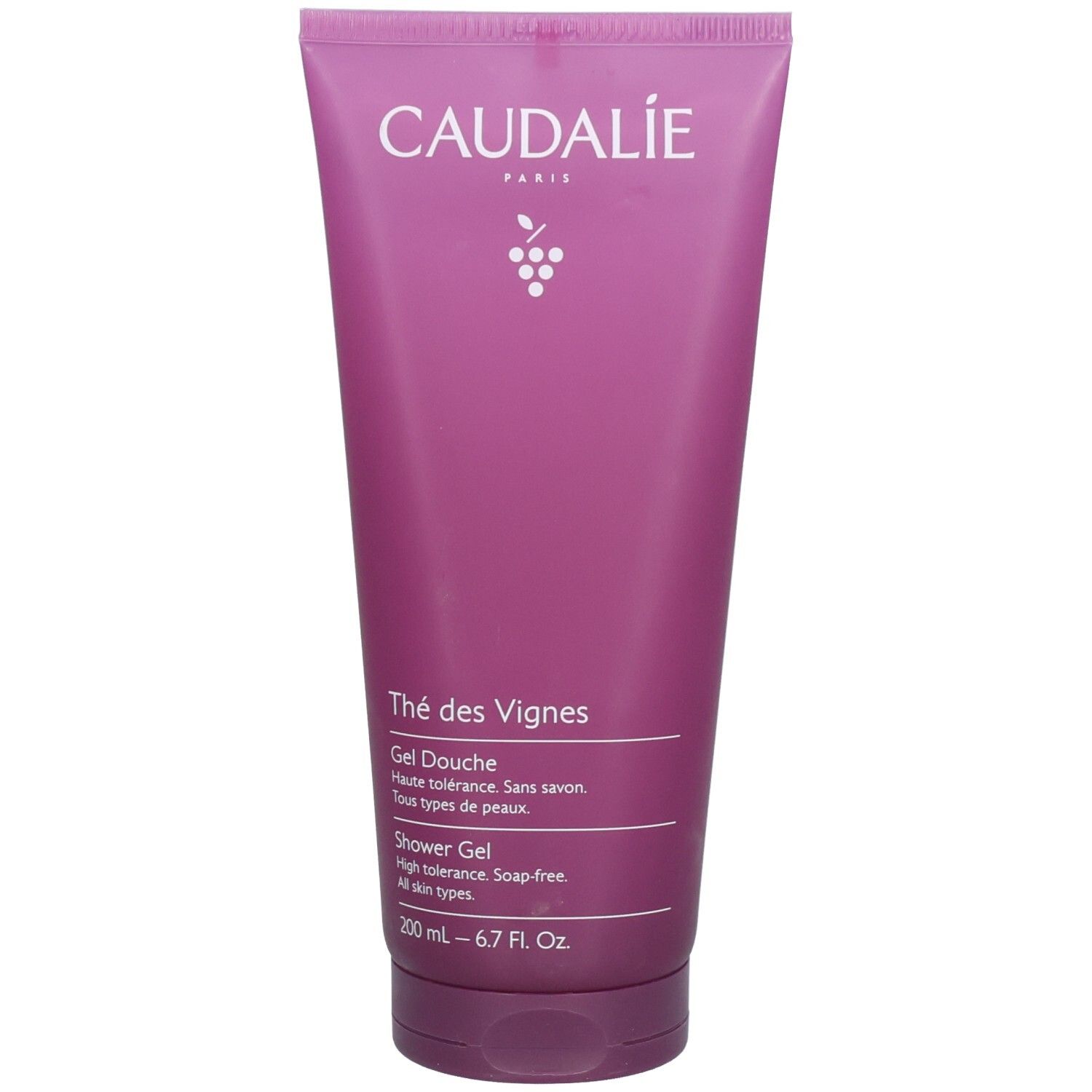 Rosa Tube mit weißem Deckel. Caudalie Thé des Vignes Duschgel. Text und Logo. 200 ml.
