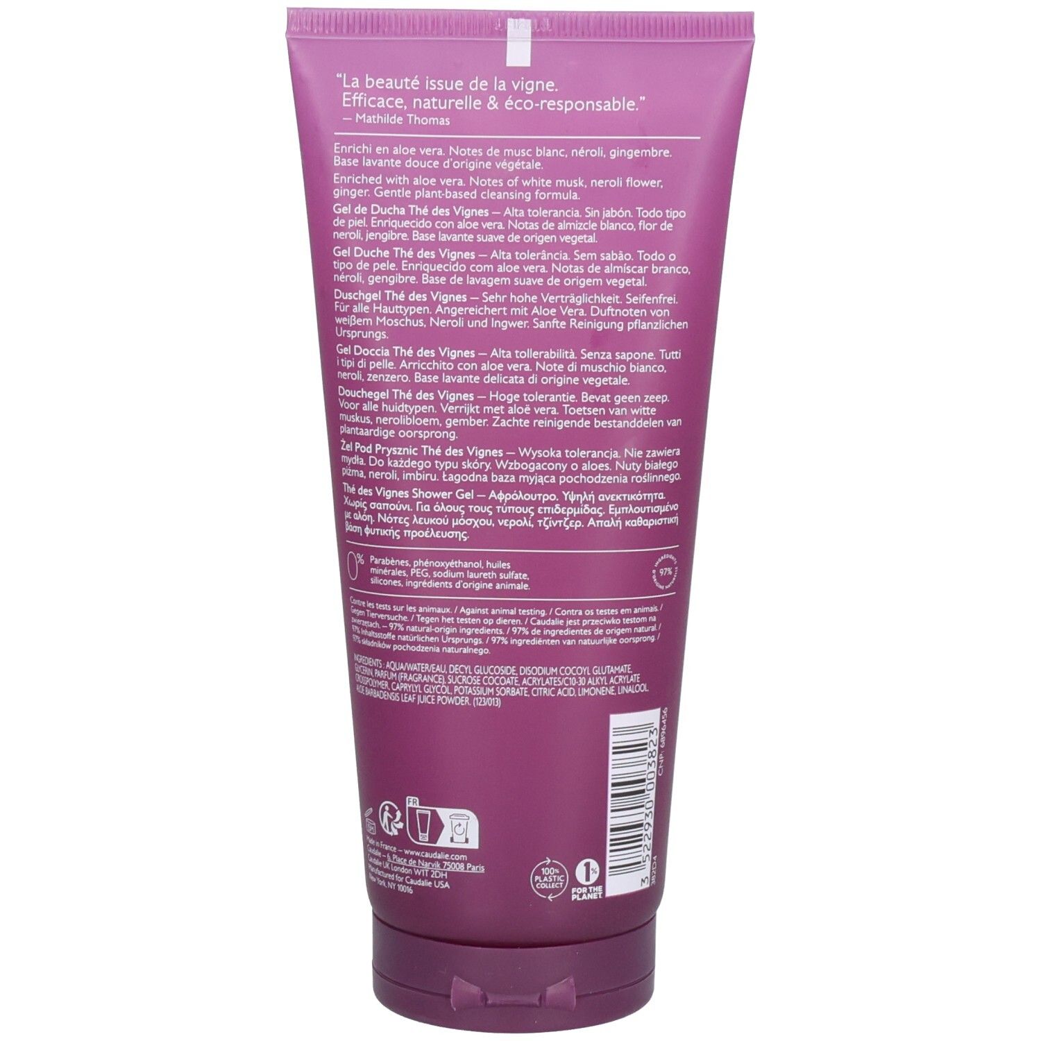 Rückseite des Caudalíe Thé des Vignes Duschgel-Tubes. Text in mehreren Sprachen. Inhaltsstoffe und Logos.