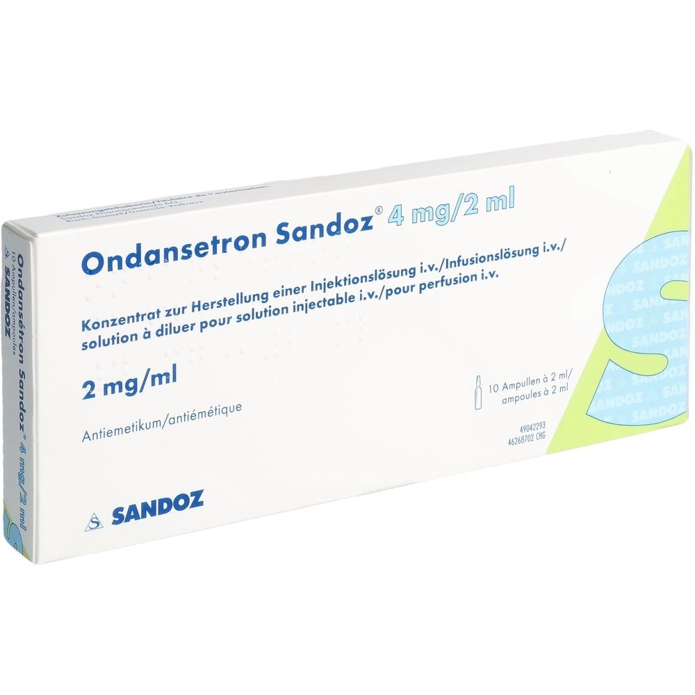 Weiße Schachtel mit Produktinformationen. Beschriftung: Ondansetron Sandoz 4 mg/2 ml, 10 Ampullen. Sandoz-Logo.