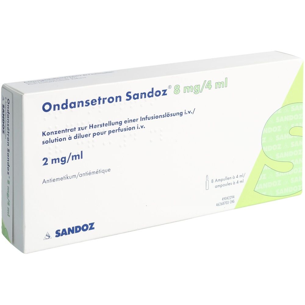 Ondansetron Sandoz Infusionskonzentrat-Packung. Enthält 8 Ampullen à 4 ml. Aufschrift: 8 mg/4 ml, 2 mg/ml. Sandoz-Logo.