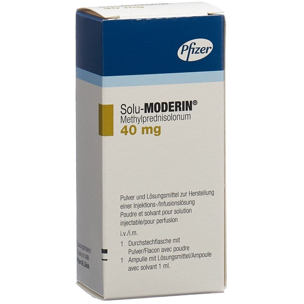 Kartonverpackung mit blauer und gelber Beschriftung. Aufschrift: SOLU-MODERIN Trockensub 40 mg c Solv Amp. Weißer Hintergrund.