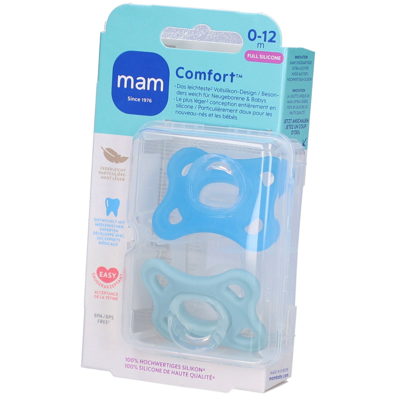 Zwei blaue Schnuller in einer transparenten Kunststoffverpackung. Die Verpackung zeigt das MAM-Logo und Produktinformationen.