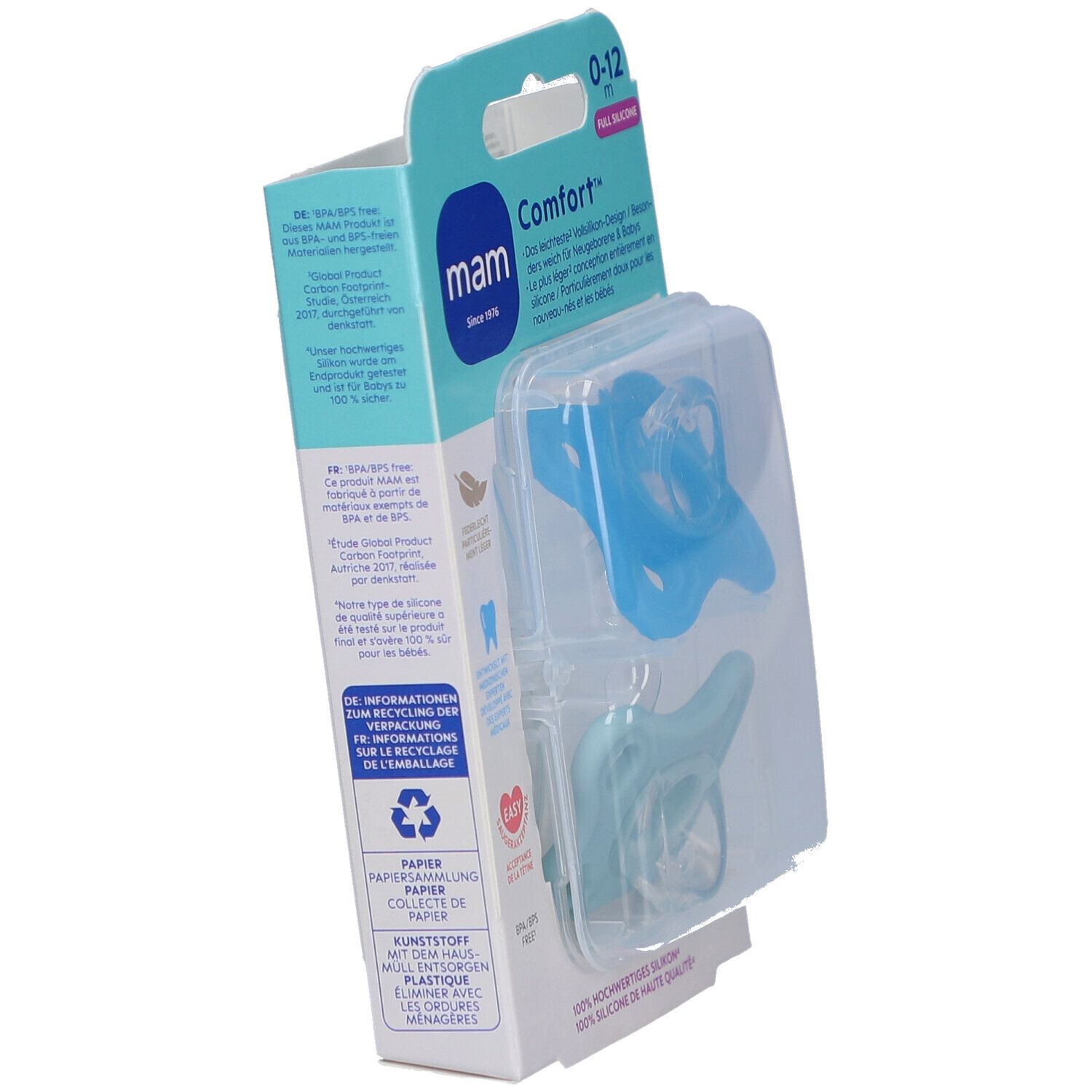 Verpackung mit zwei blauen Schnullern. Die Verpackung zeigt das MAM-Logo und Produktinformationen. Rückseite mit Text.