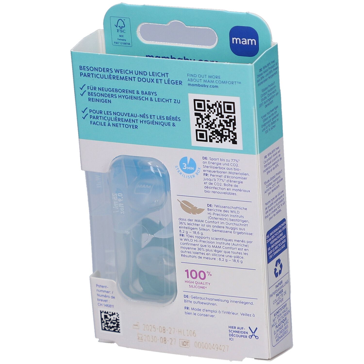 Rückseite der Verpackung mit zwei blauen Schnullern. Text und QR-Code. MAM-Logo.