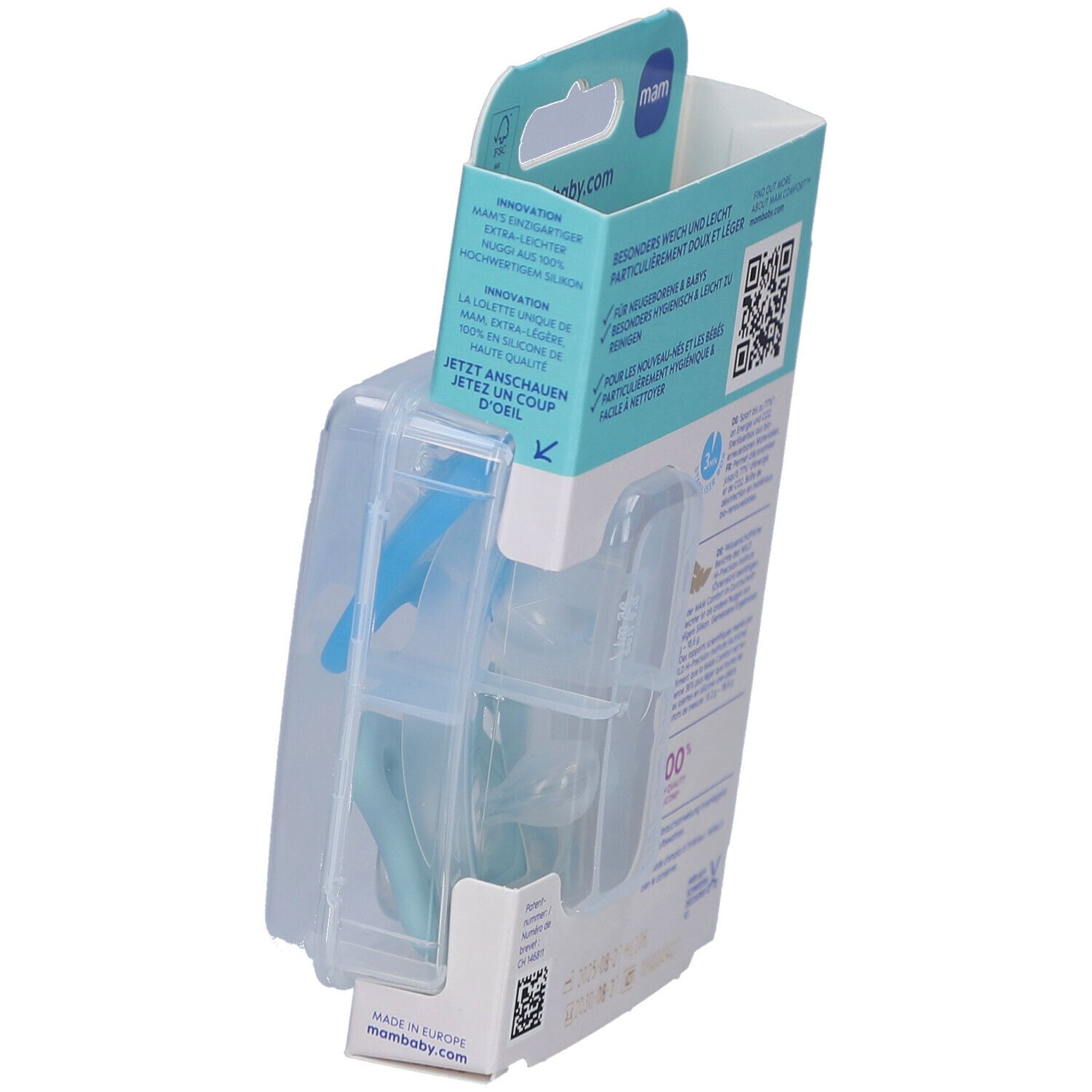 Verpackung mit zwei blauen Schnullern. Die Verpackung ist teilweise geöffnet. MAM-Logo.