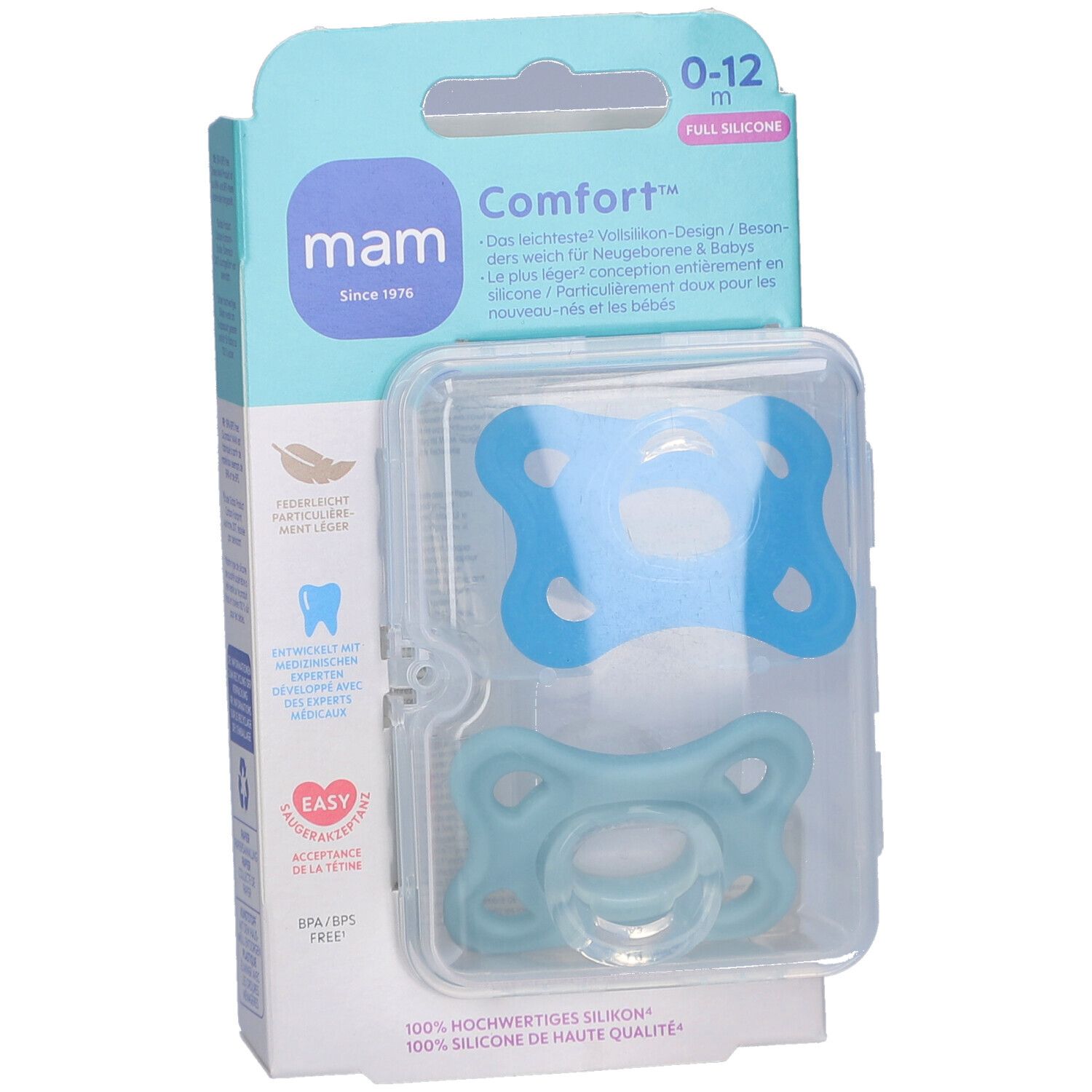 Zwei blaue Schnuller in einer transparenten Kunststoffverpackung. Die Verpackung zeigt das MAM-Logo und Produktinformationen.