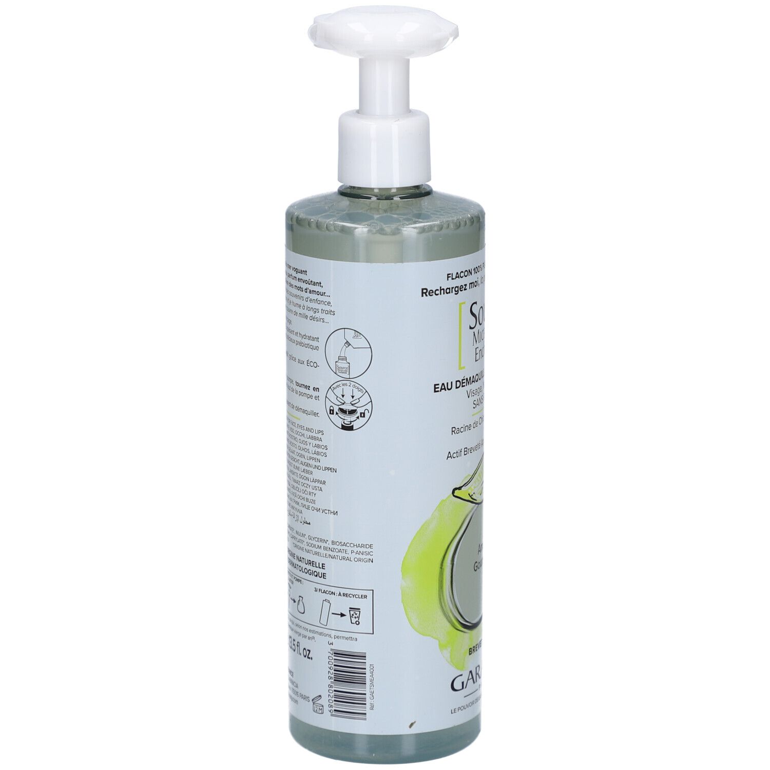 Dos du flacon. Texte et pictogrammes. Marque GARANCIA. Flacon 100% plastique recyclé.