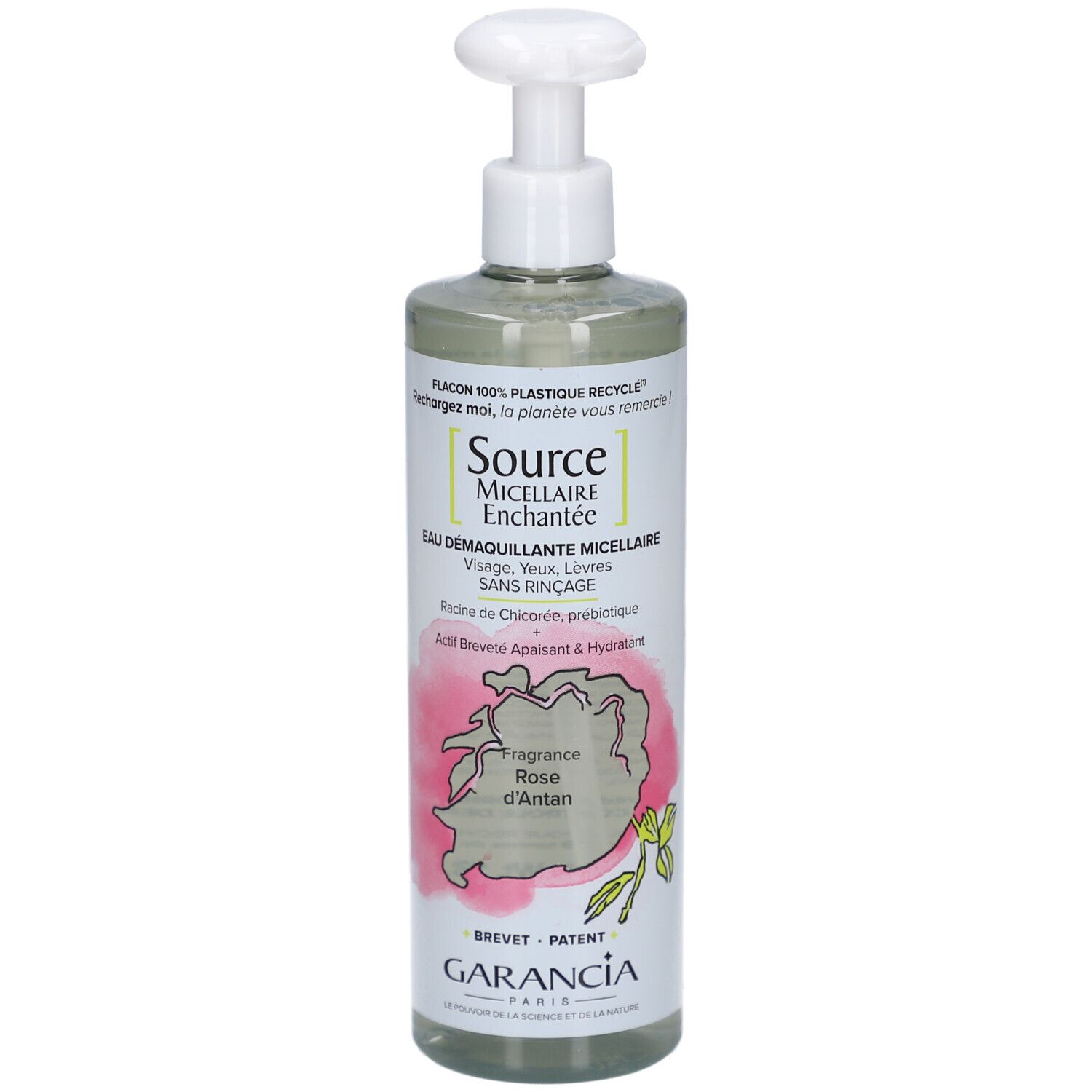 Flakon mit Pumpe. Aufschrift: Source Micellaire Enchantée, Eau Démaquillante Micellaire. Marke GARANCIA.