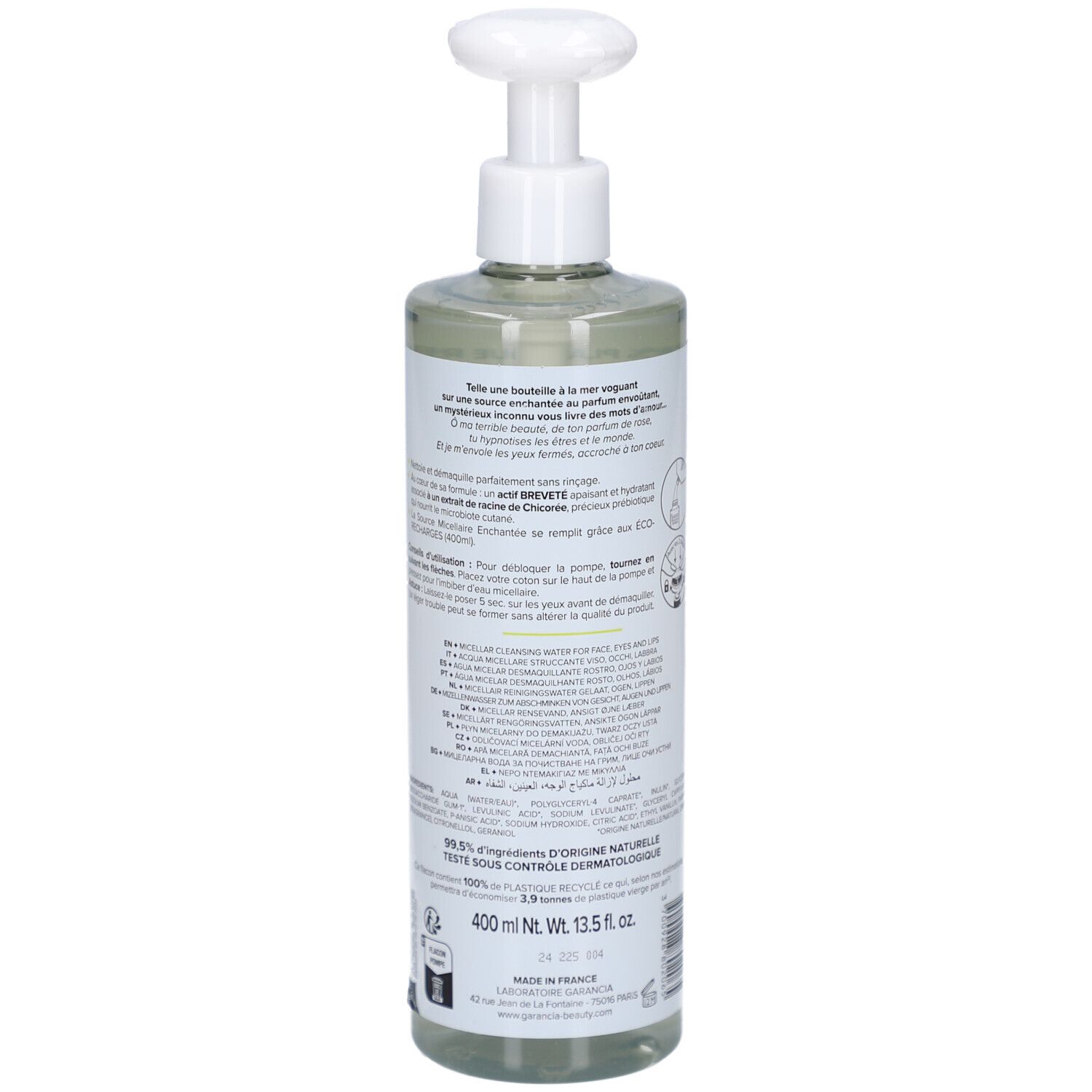 Rückseite des Flakons mit Pumpe. Text und Grafiken. Marke GARANCIA.