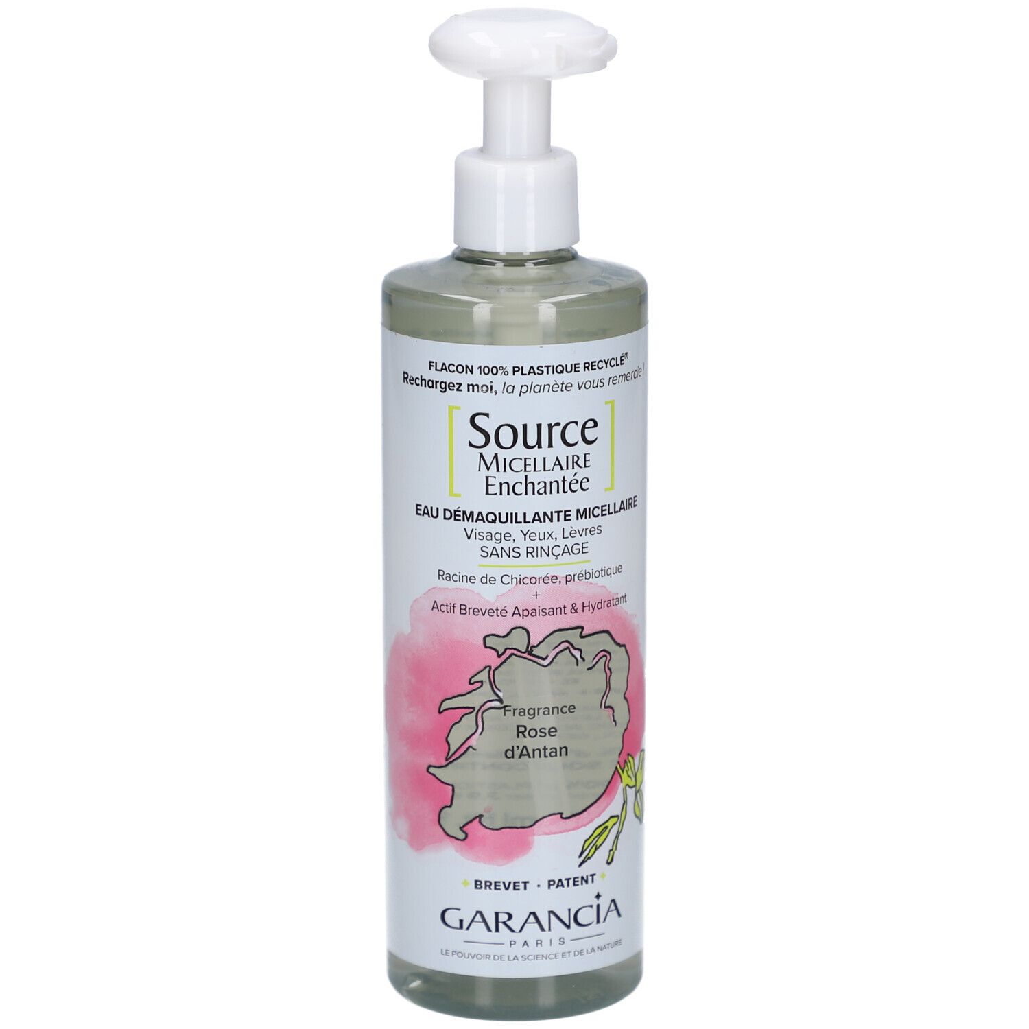 Flakon mit Pumpe. Aufschrift: Source Micellaire Enchantée, Eau Démaquillante Micellaire. Marke GARANCIA.