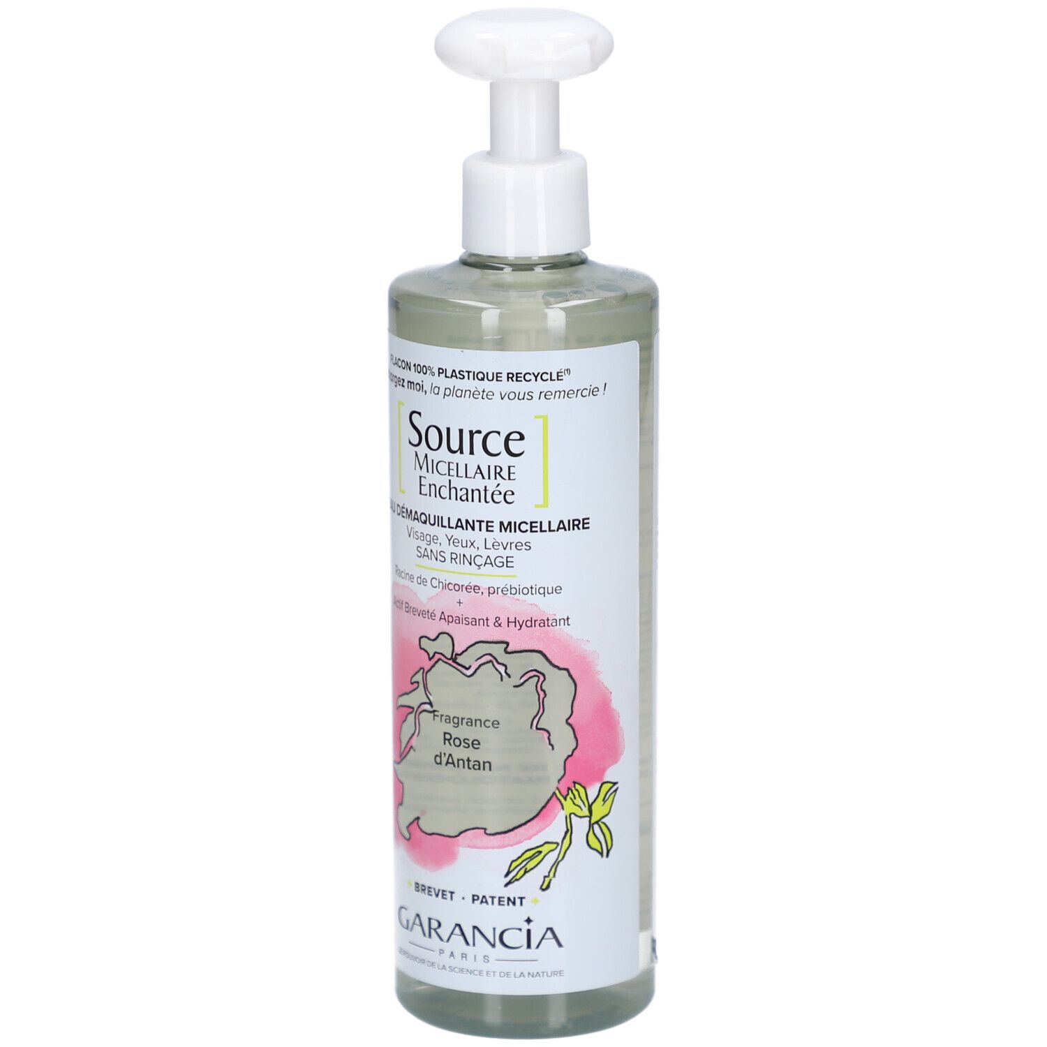 Flakon mit Pumpe. Aufschrift: Source Micellaire Enchantée, Eau Démaquillante Micellaire. Marke GARANCIA.