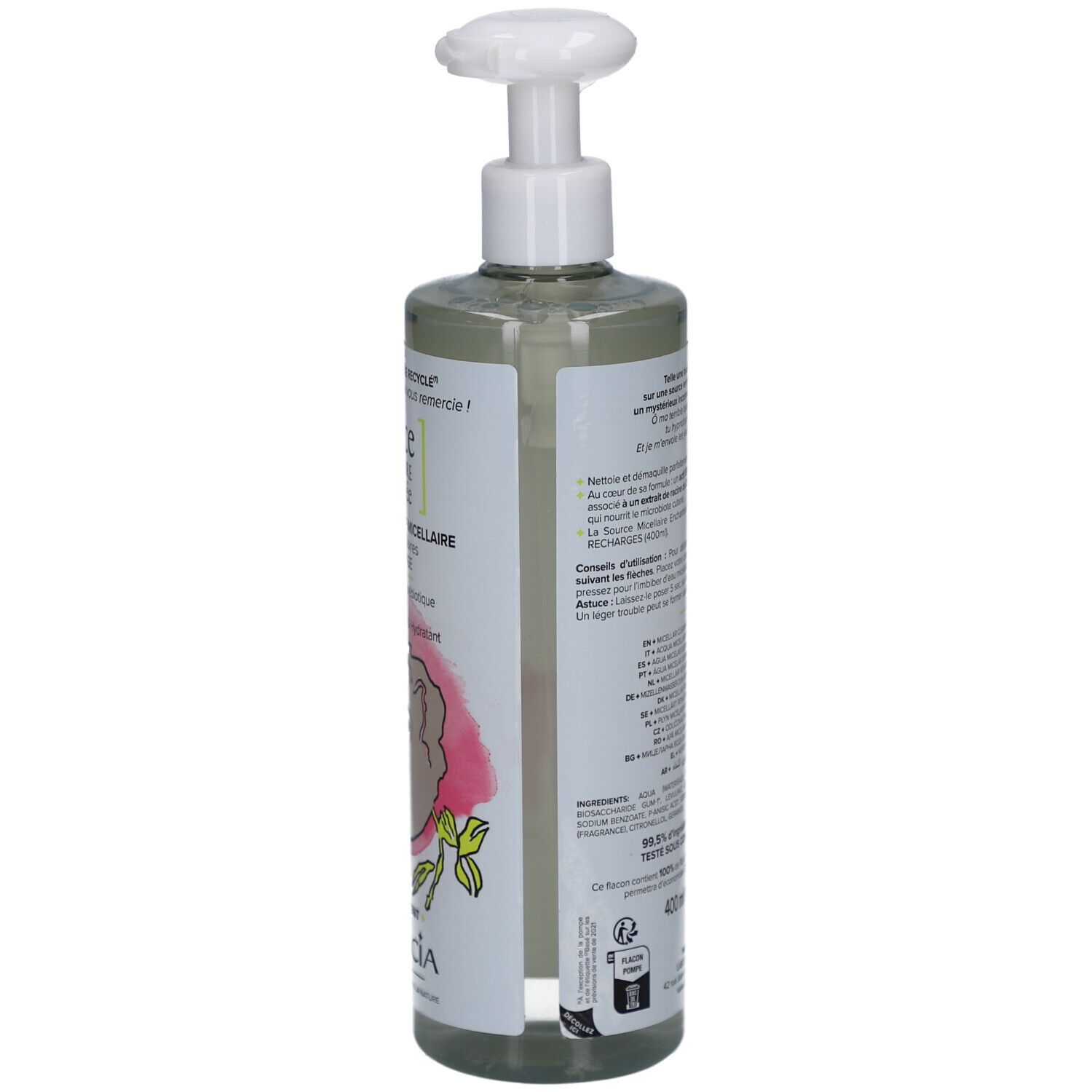 Rückseite des Flakons mit Pumpe. Text und Grafiken. Marke GARANCIA.