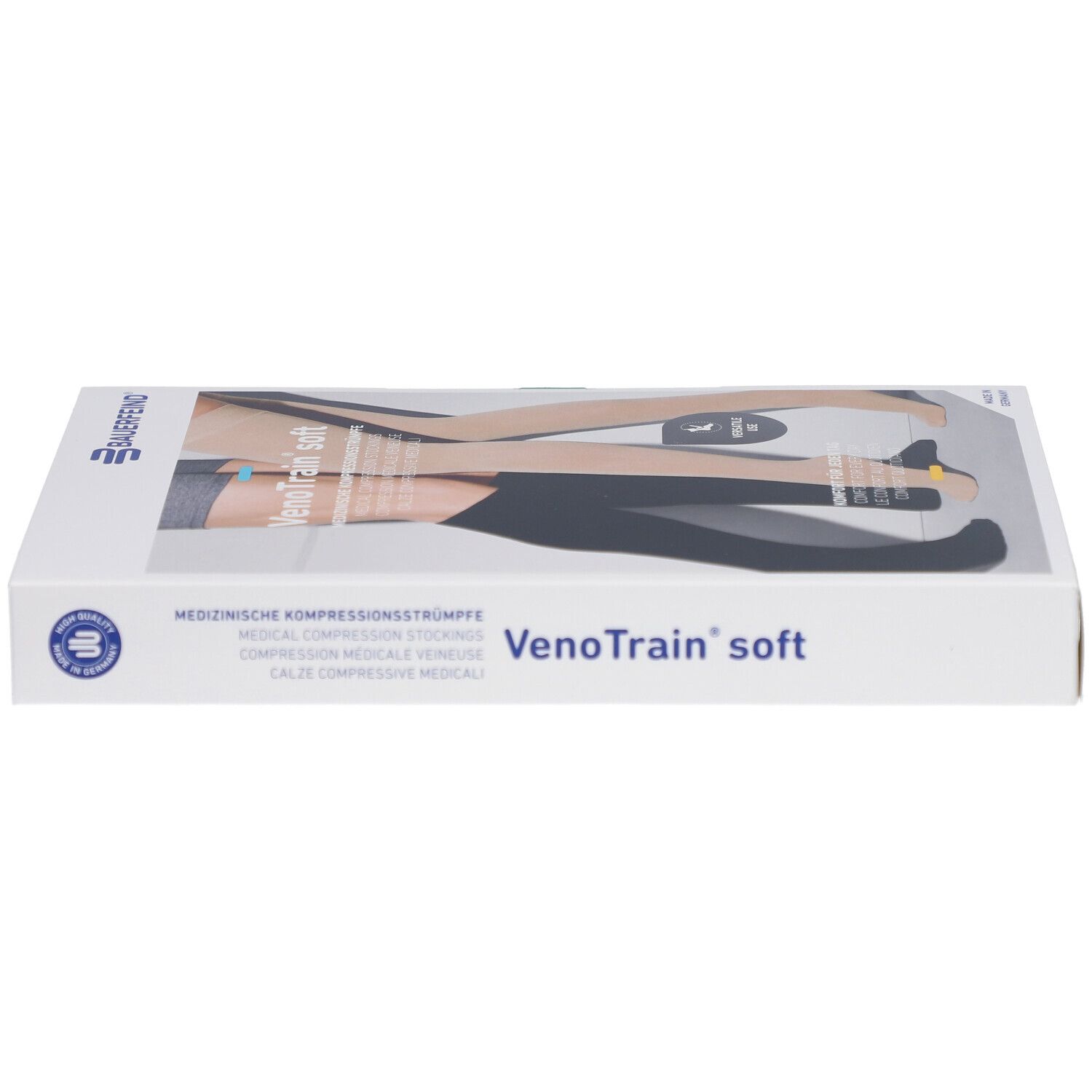 Verpackung von VenoTrain soft Kompressionsstrümpfen. Marke Bauerfeind. Produktabbildung auf der Verpackung.